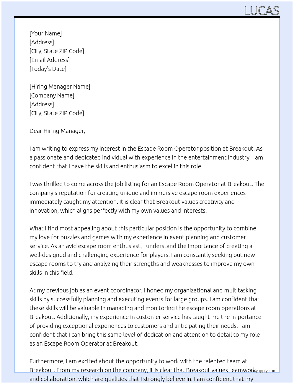 Escape Room Operator At Breakout  Cover Letter