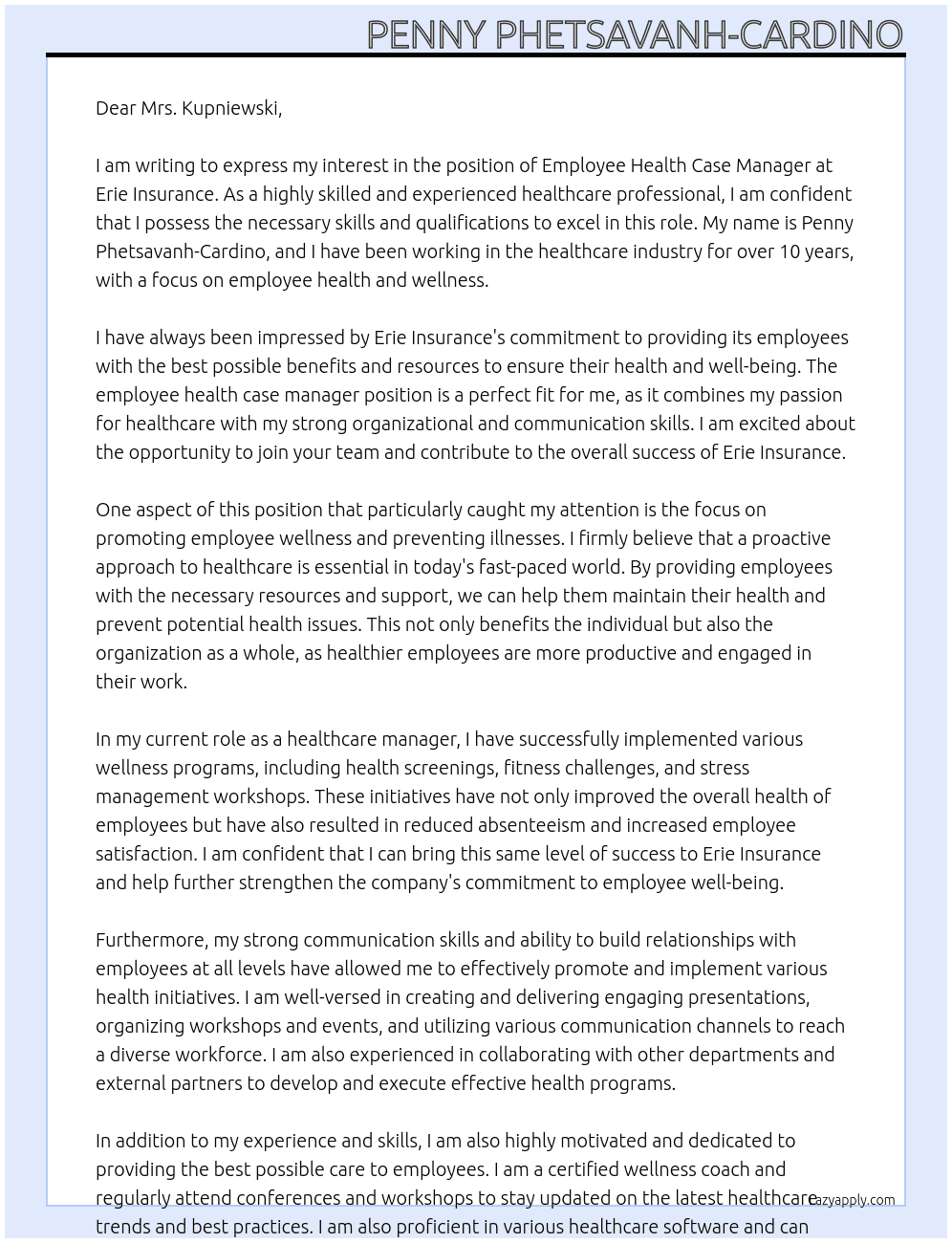 Employee Health Case Manager At Erie Insurance Cover Letter