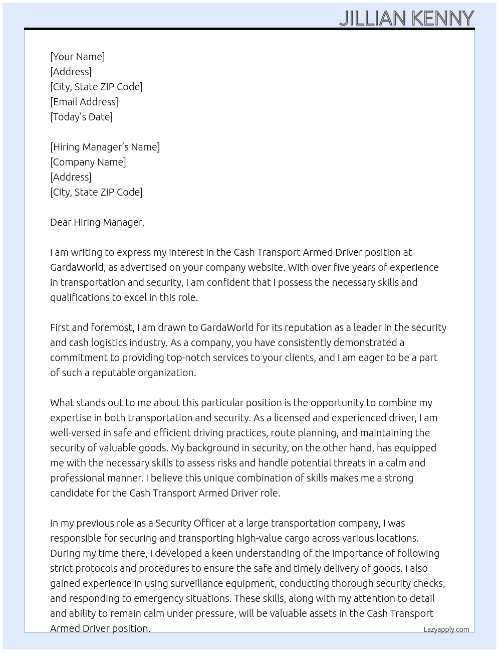 Cash Transport Armed Driver At GardaWorld Cover Letter