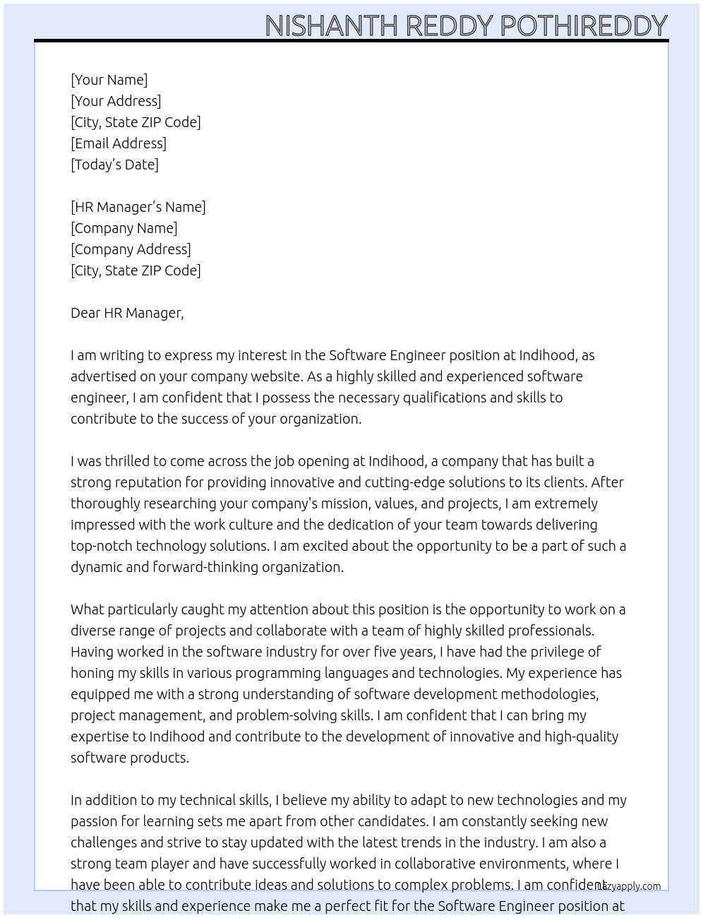 Software Engineer  At Indihood Cover Letter