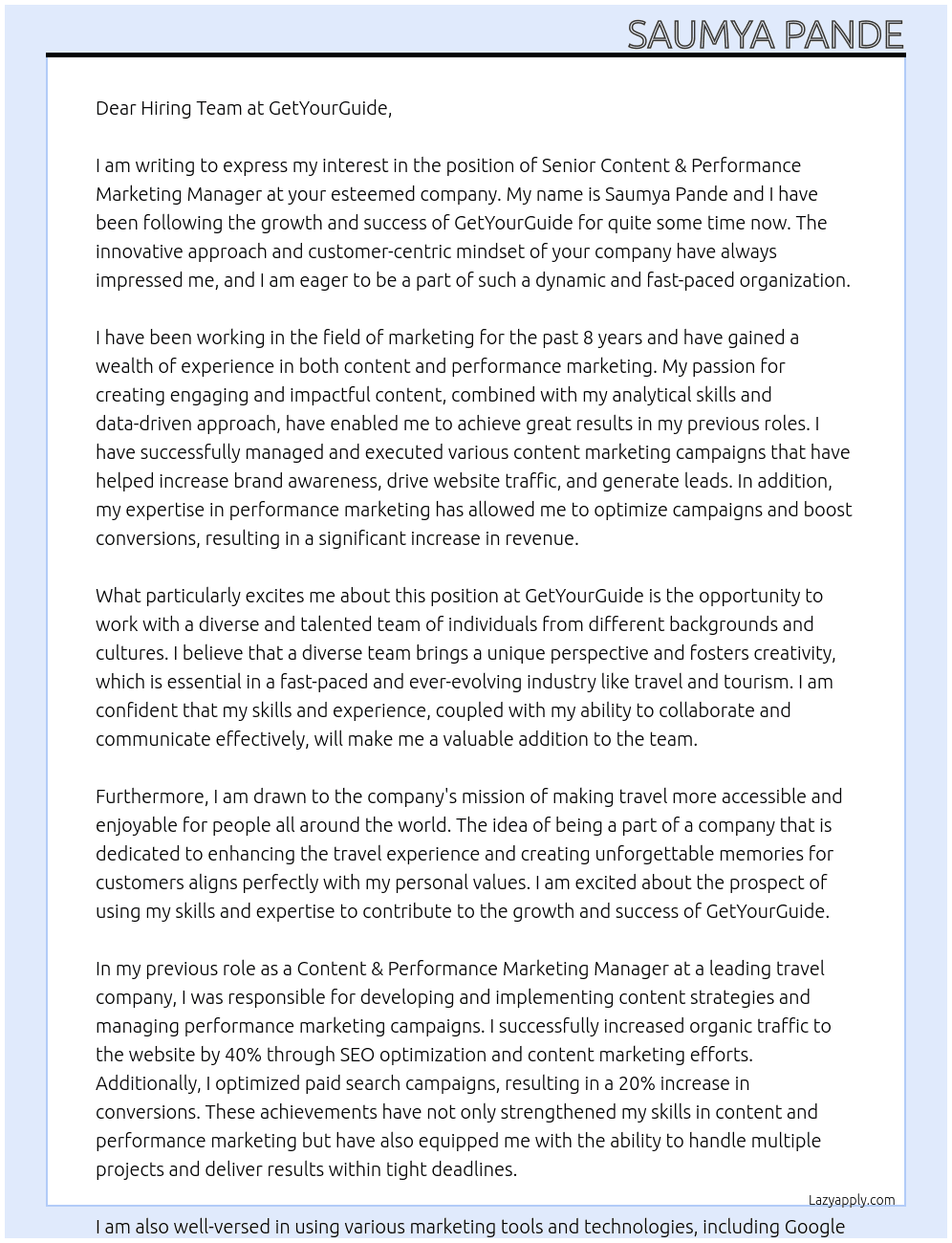 Senior Content & Performance Marketing Manager At GetYourGuide Cover Letter