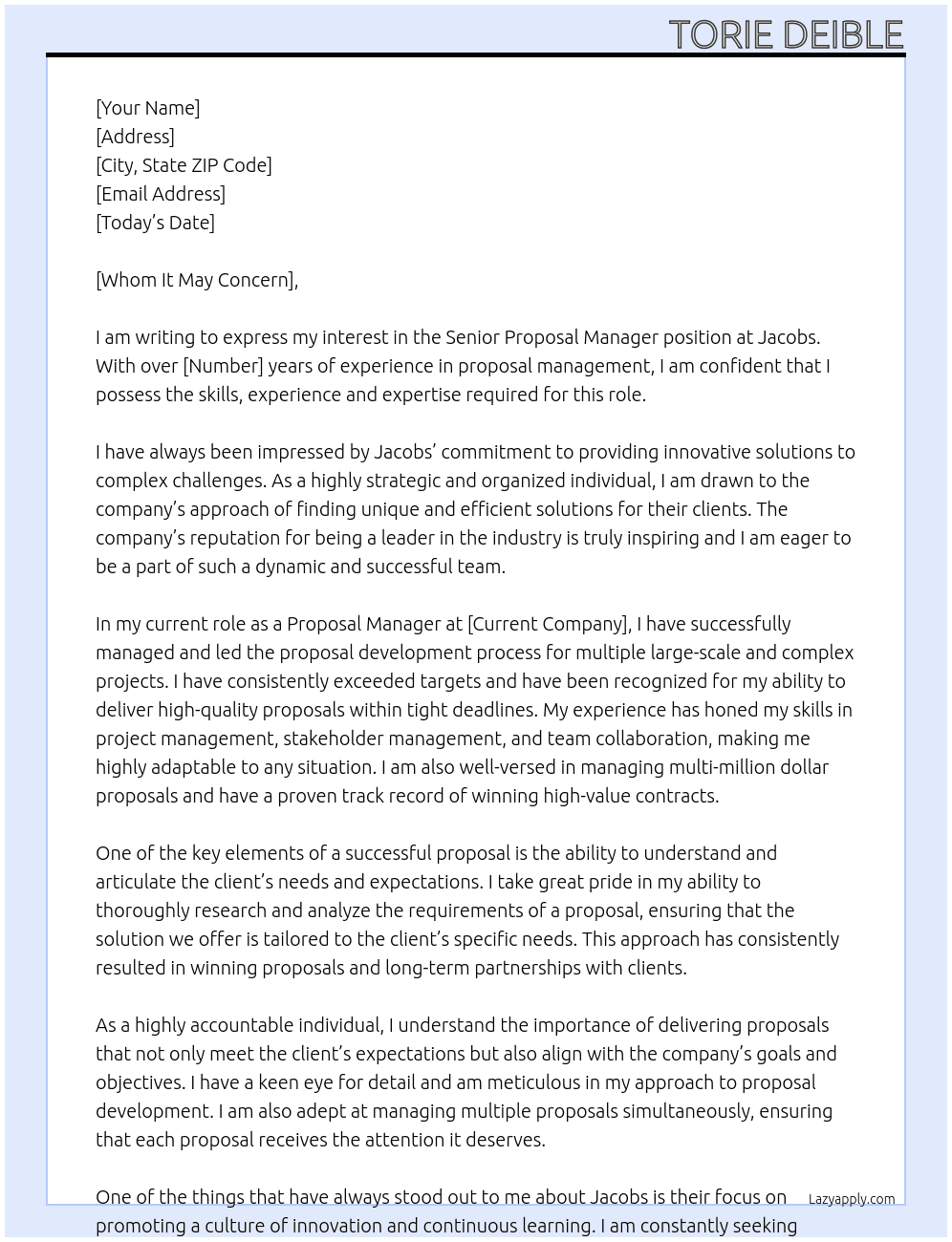 Senior Proposal Manager At Jacobs Cover Letter