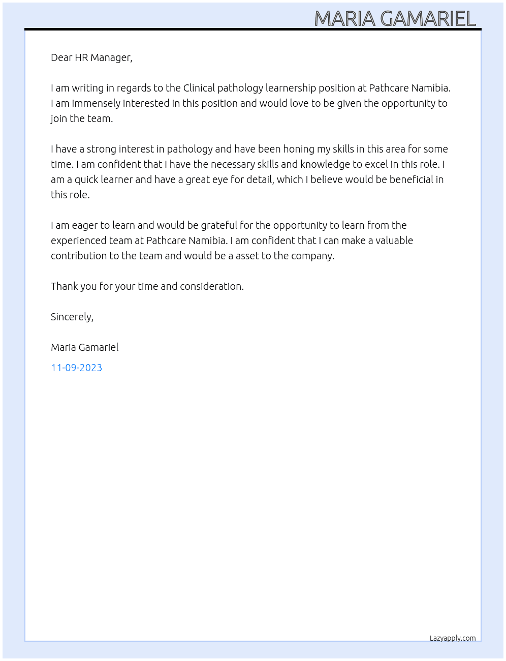 Clinical pathology learnership At Pathcare Namibia  Cover Letter
