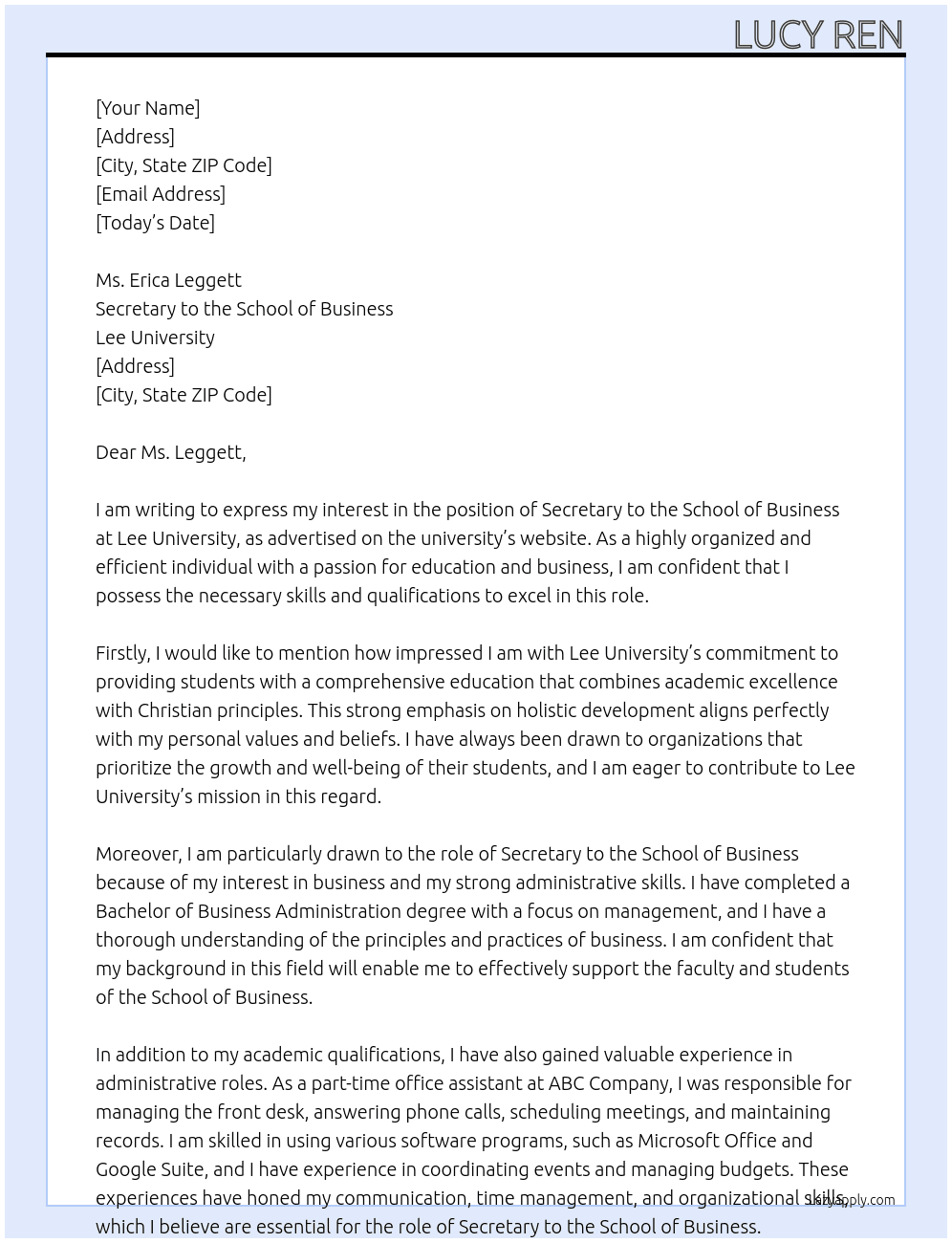 Secretary to the School of Business At Lee University Cover Letter