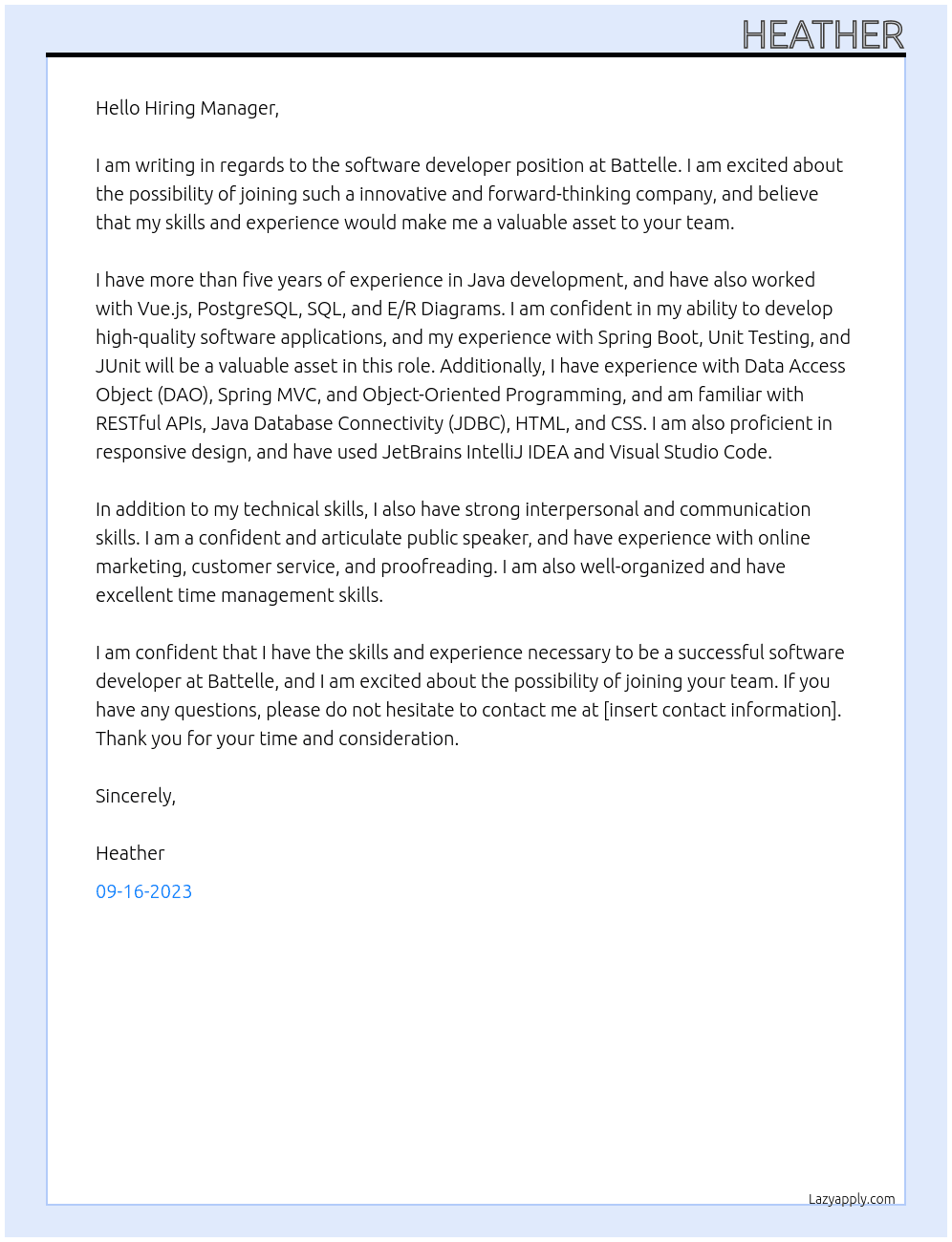 software developer At Battelle Cover Letter