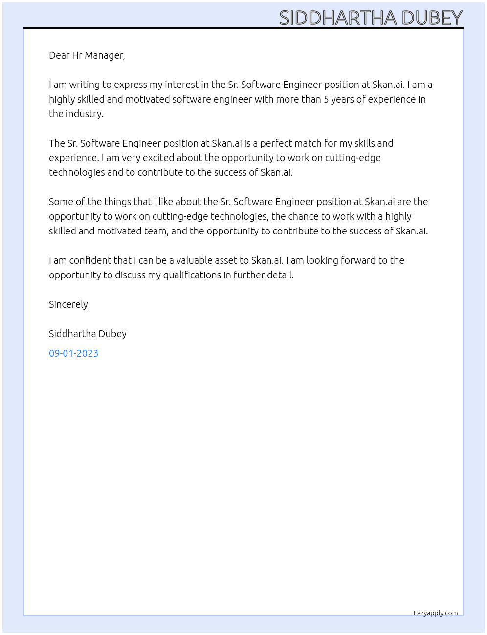 Sr. Software Engineer At Skan.ai Cover Letter