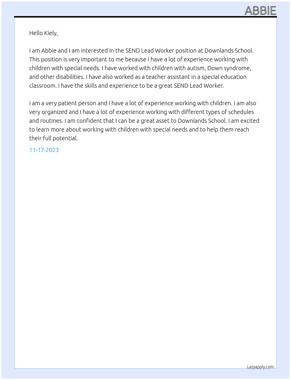 SEND Lead Worker At Downlands School Cover Letter