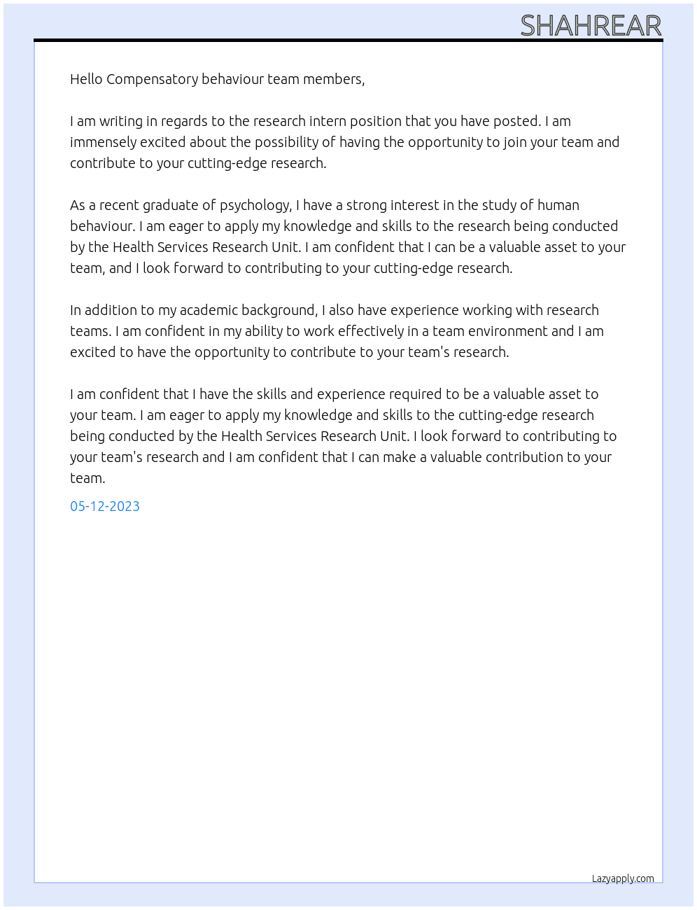 Research Intern At The Health Services Research Unit Cover Letter