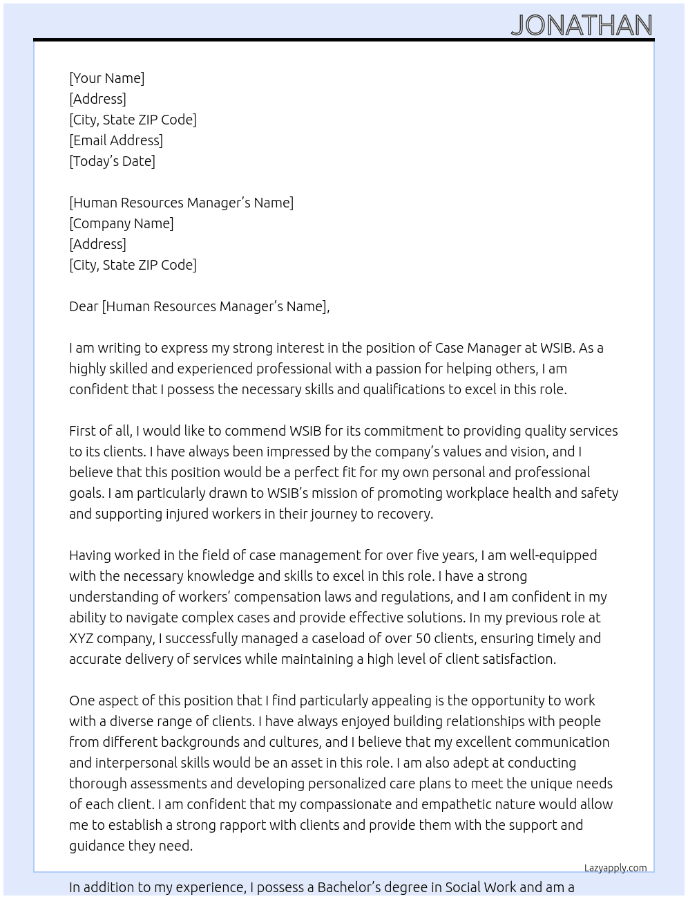case manager At WSIB Cover Letter