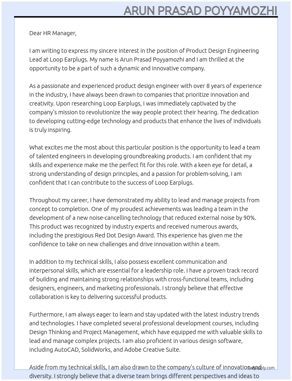 Product Design Engineering Lead At Loop Earplugs Cover Letter