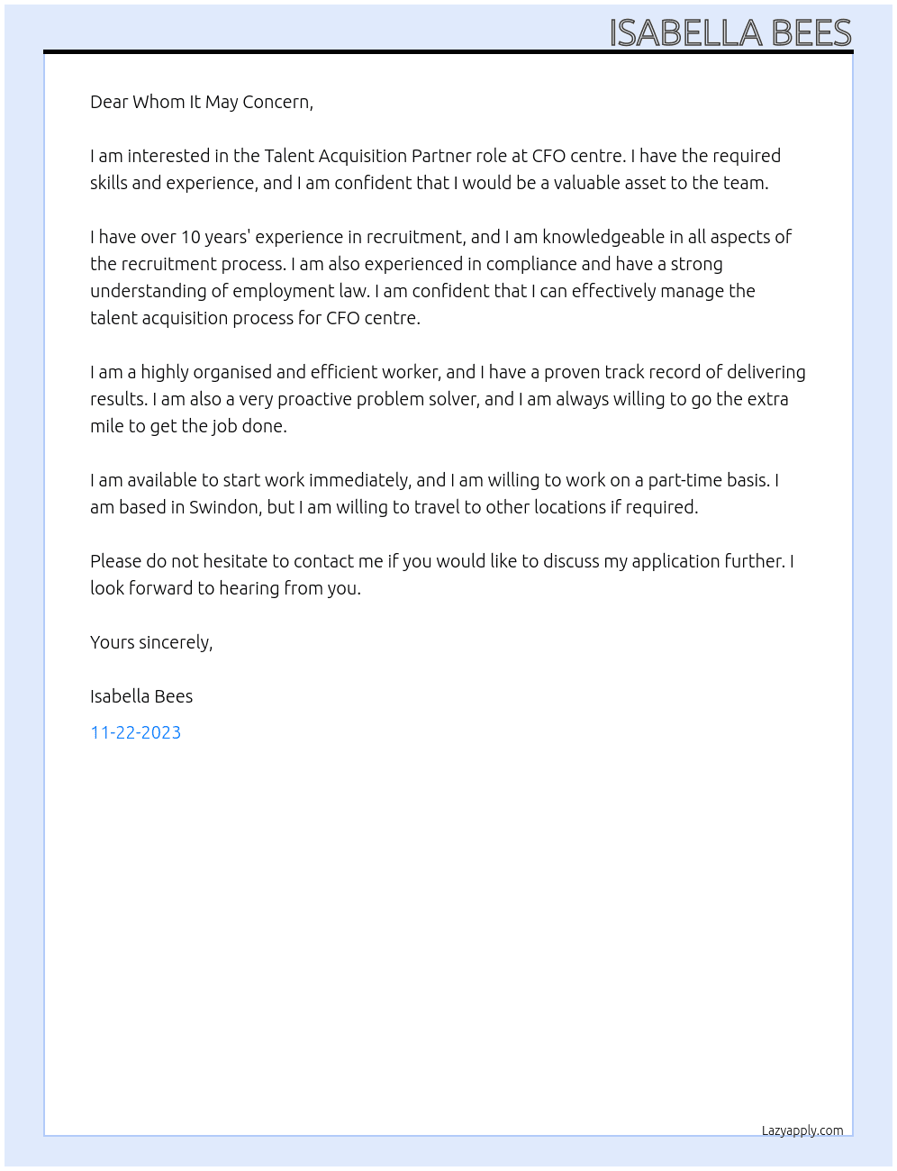 Talent Acquisition Partner At CFO centre Cover Letter