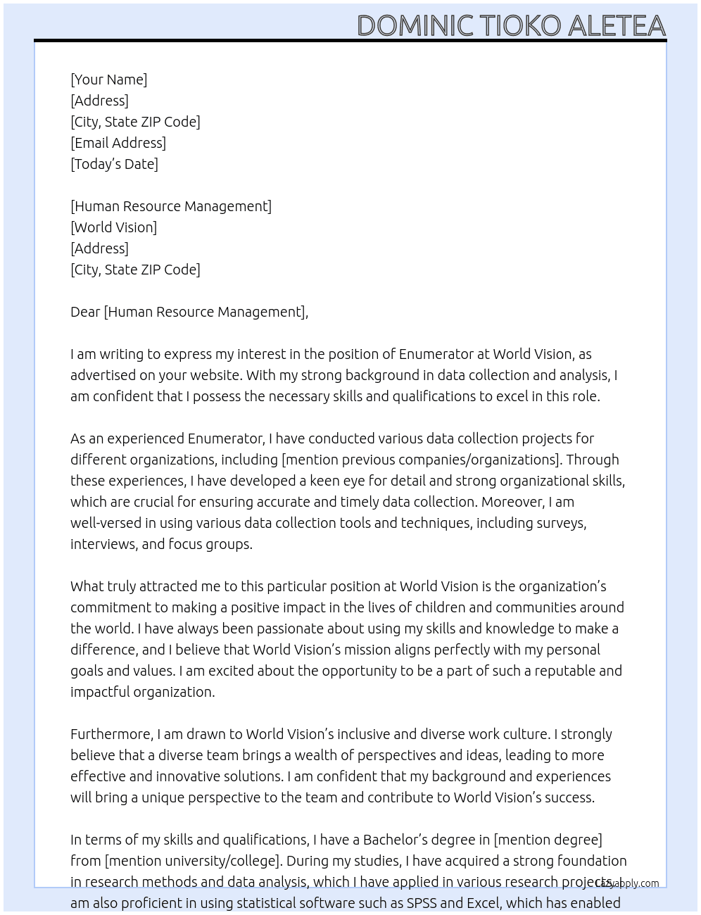 ENUMERATOR  At WORLD VISION  Cover Letter