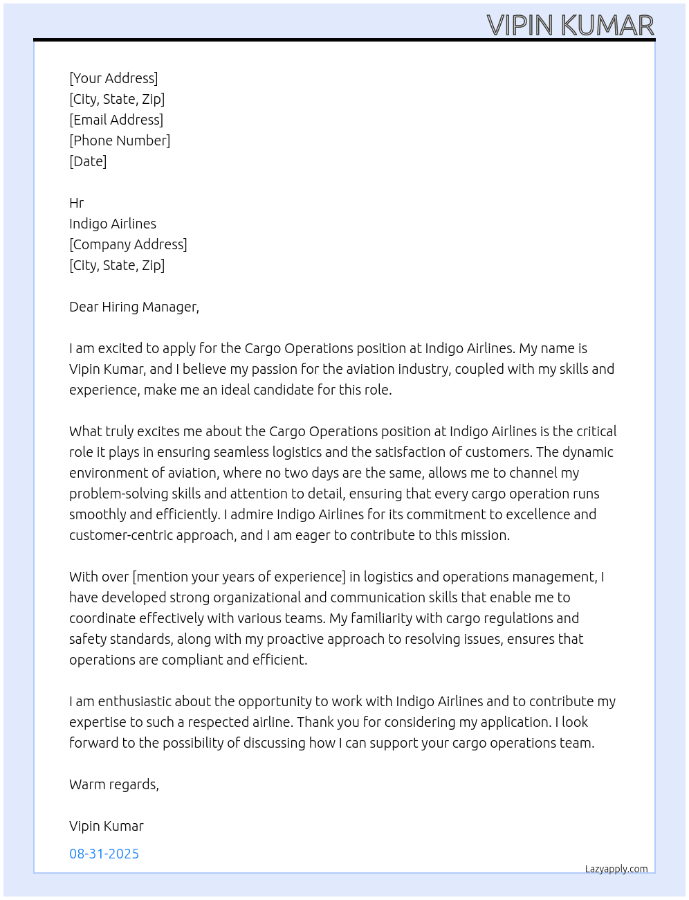 Cargo opertion At Indigo airline Cover Letter
