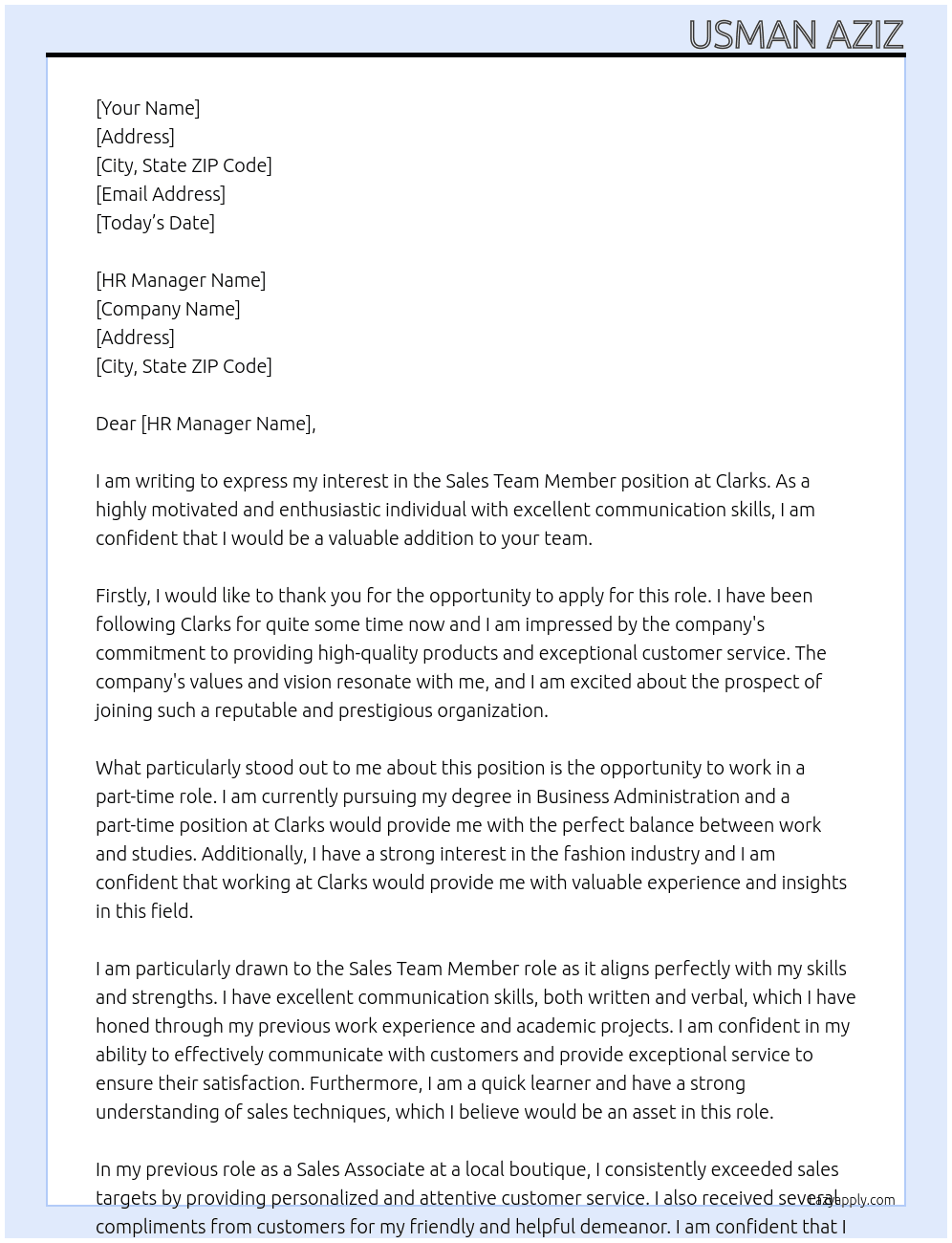 Sales team Member At Clarks Cover Letter