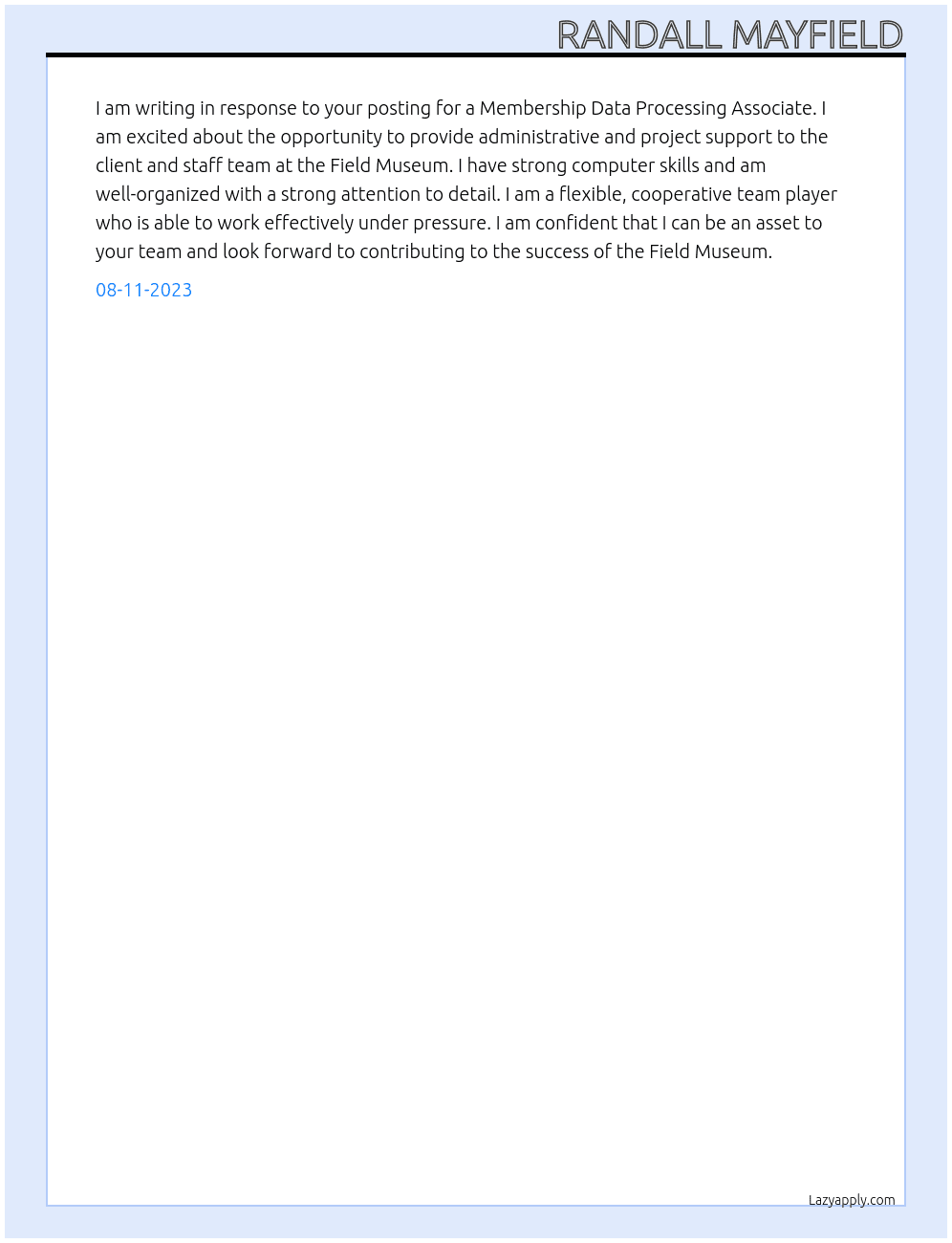 Membership Data Processing Associate At Field Museum Cover Letter