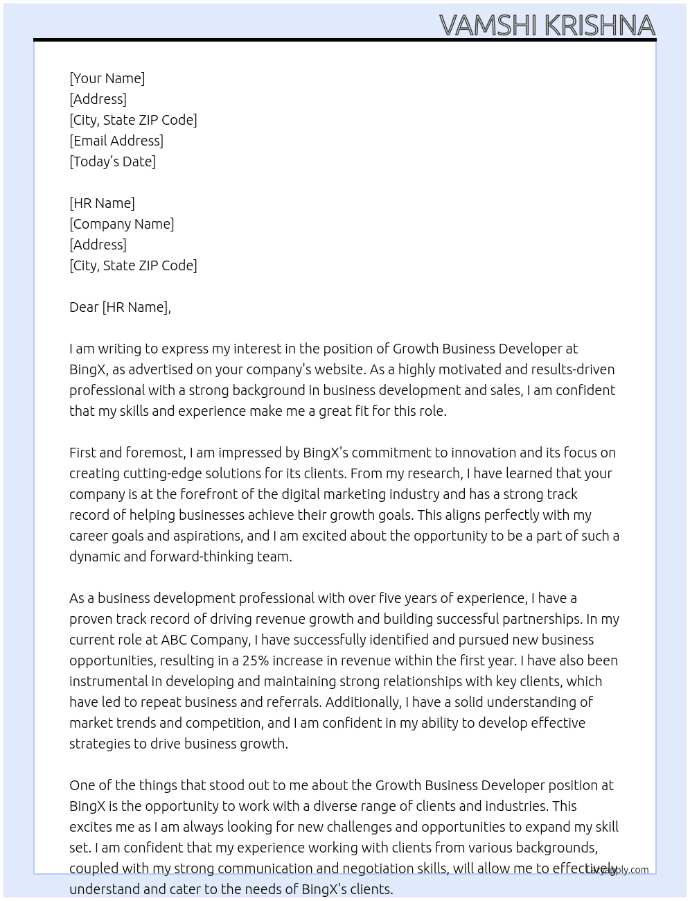 Growth Business Developer At BingX Cover Letter