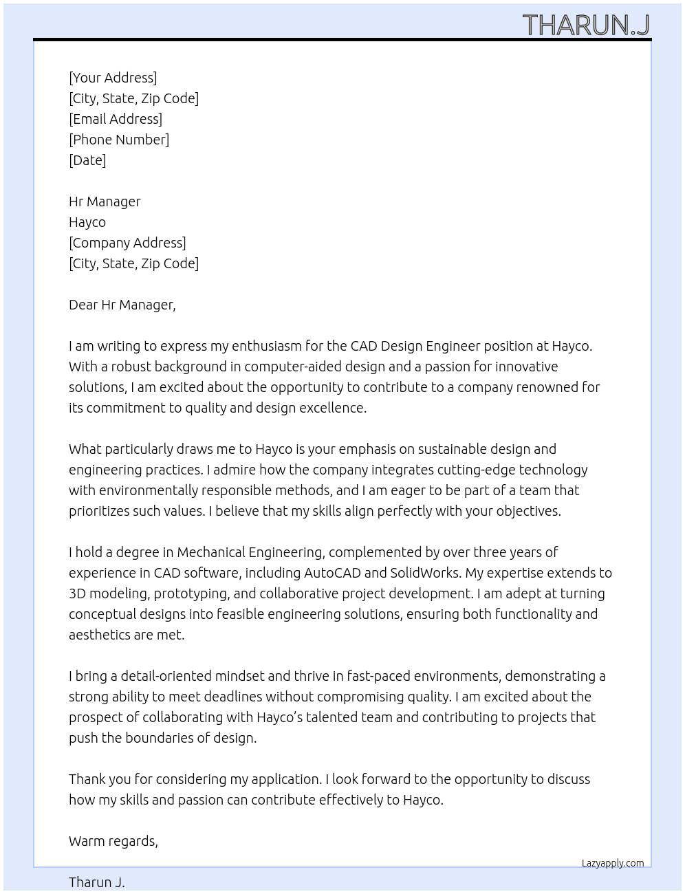 CAD Design engineer  At Hayco Cover Letter