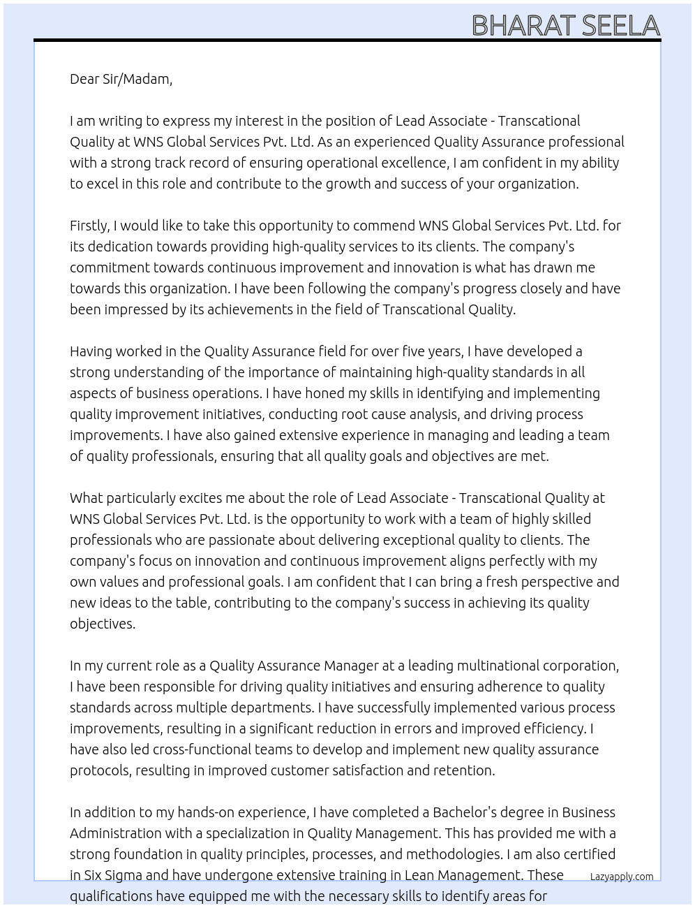 Lead Associate - Transcational Quality At WNS Global Services Pvt. Ltd. Cover Letter