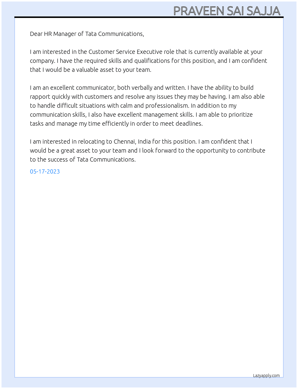 customer service executive  At Tata communications  Cover Letter
