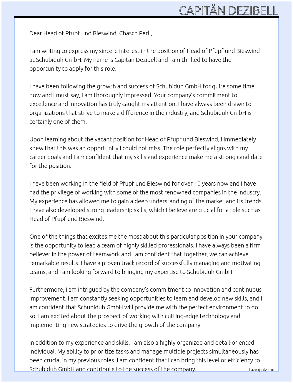 Head of Pfupf und Bieswind At Schubiduh GmbH Cover Letter