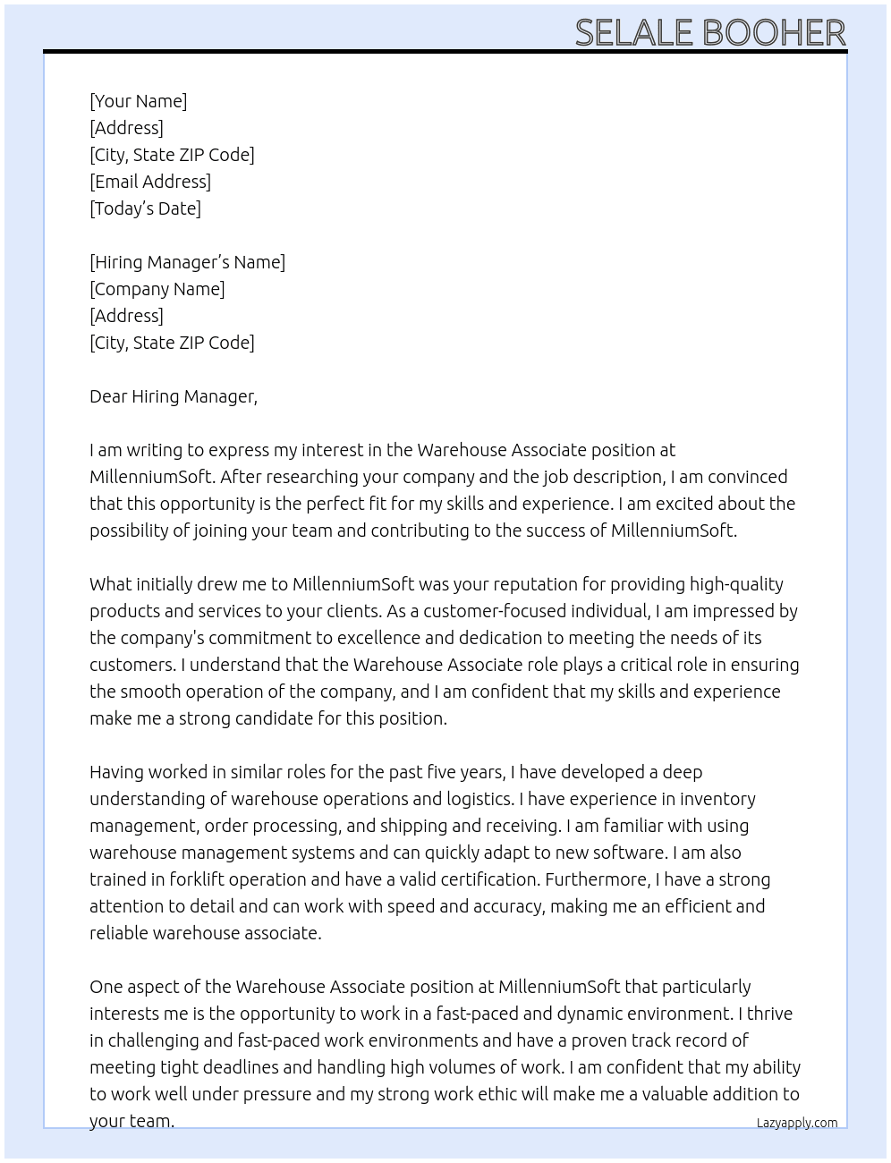 Warehouse Associate At MillenniumSoft Cover Letter