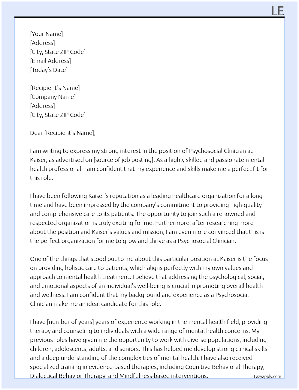 psychosocial clinician At kaiser Cover Letter