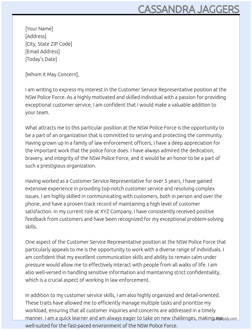 Customer Service Representative  At Nsw Police Force Cover Letter
