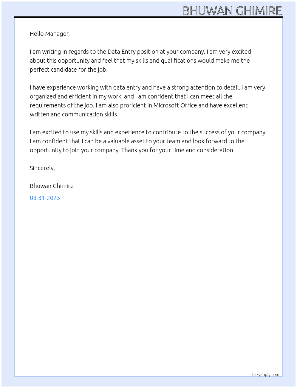 Data Entry At Design Company Cover Letter