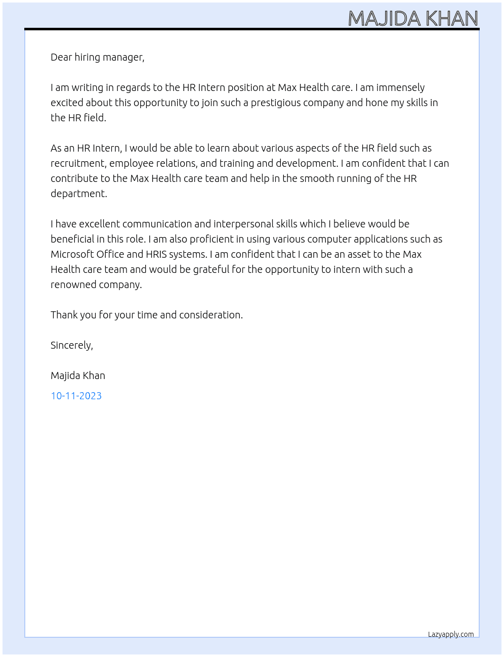 HR Intern  At Max Health care  Cover Letter