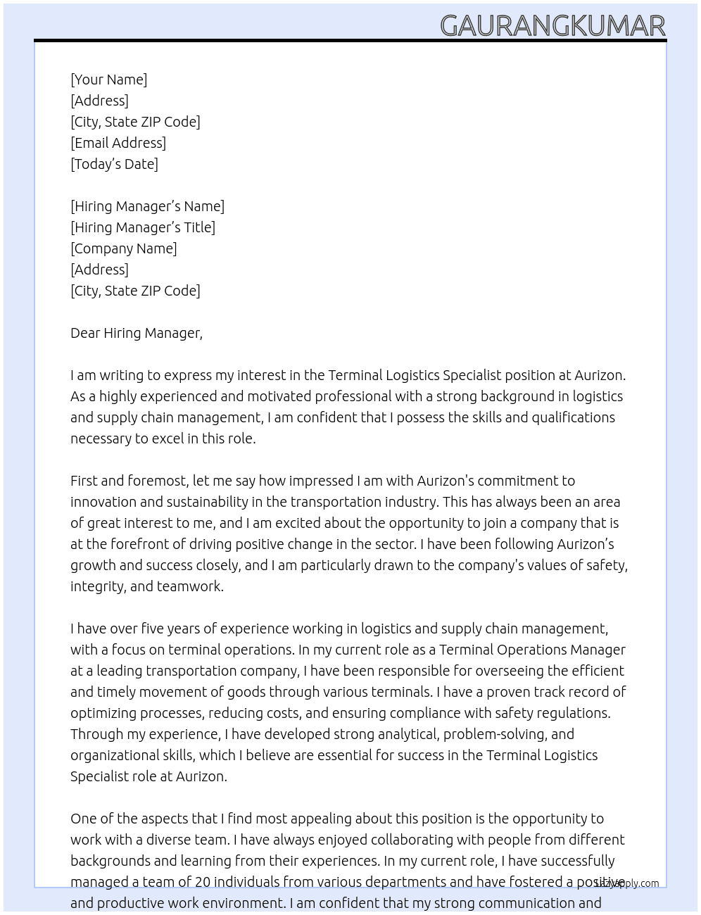 Terminal Logistics Specialist At Aurizon Cover Letter