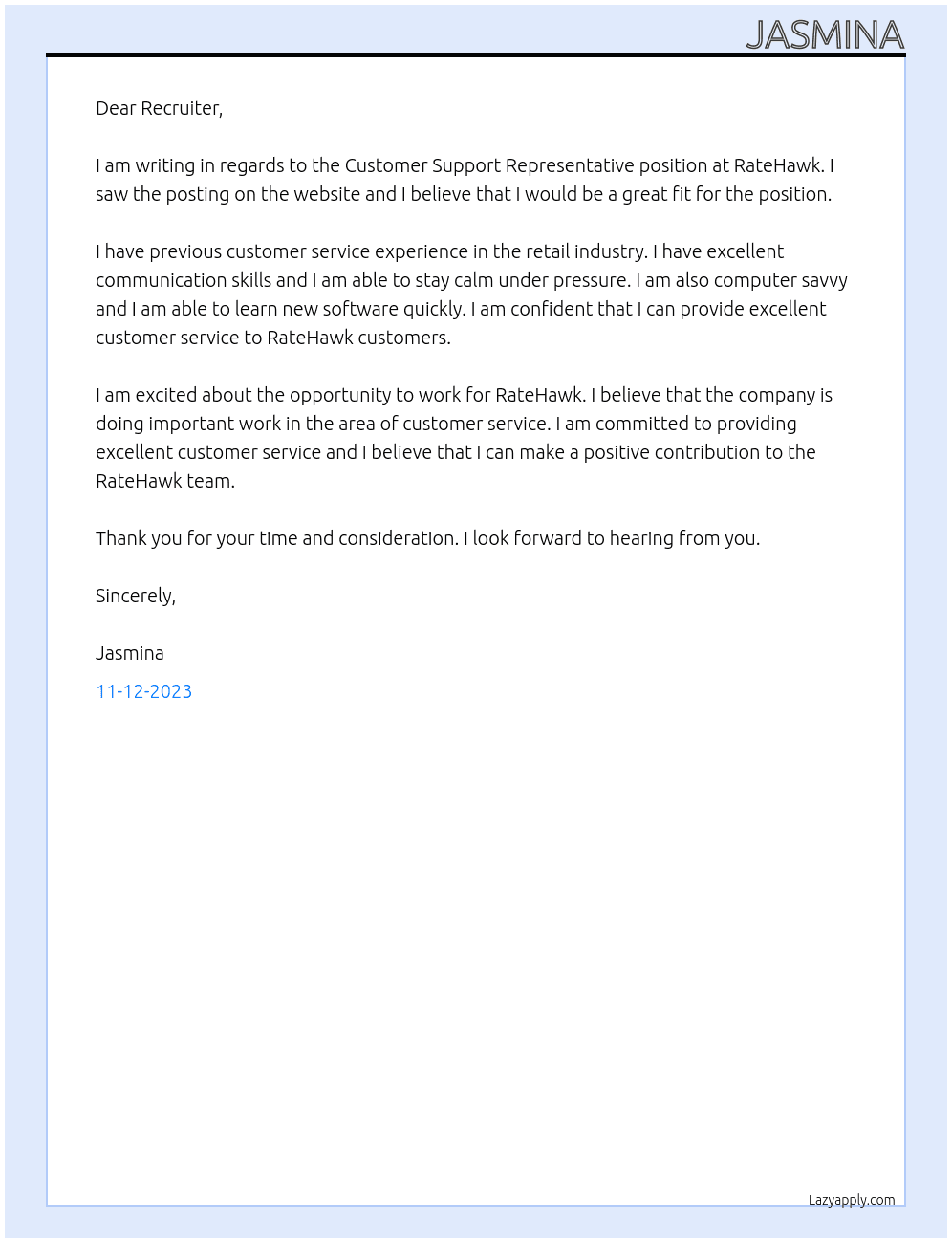 Customer Support Representative At RateHawk Cover Letter