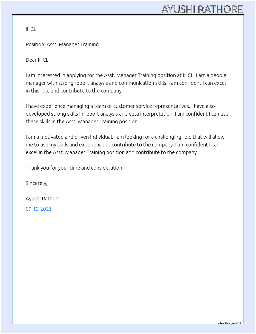 Asst. Manager Training At IHCL Cover Letter