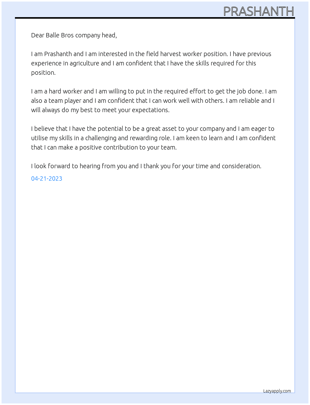 Field harvest worker At Balle Bros Cover Letter