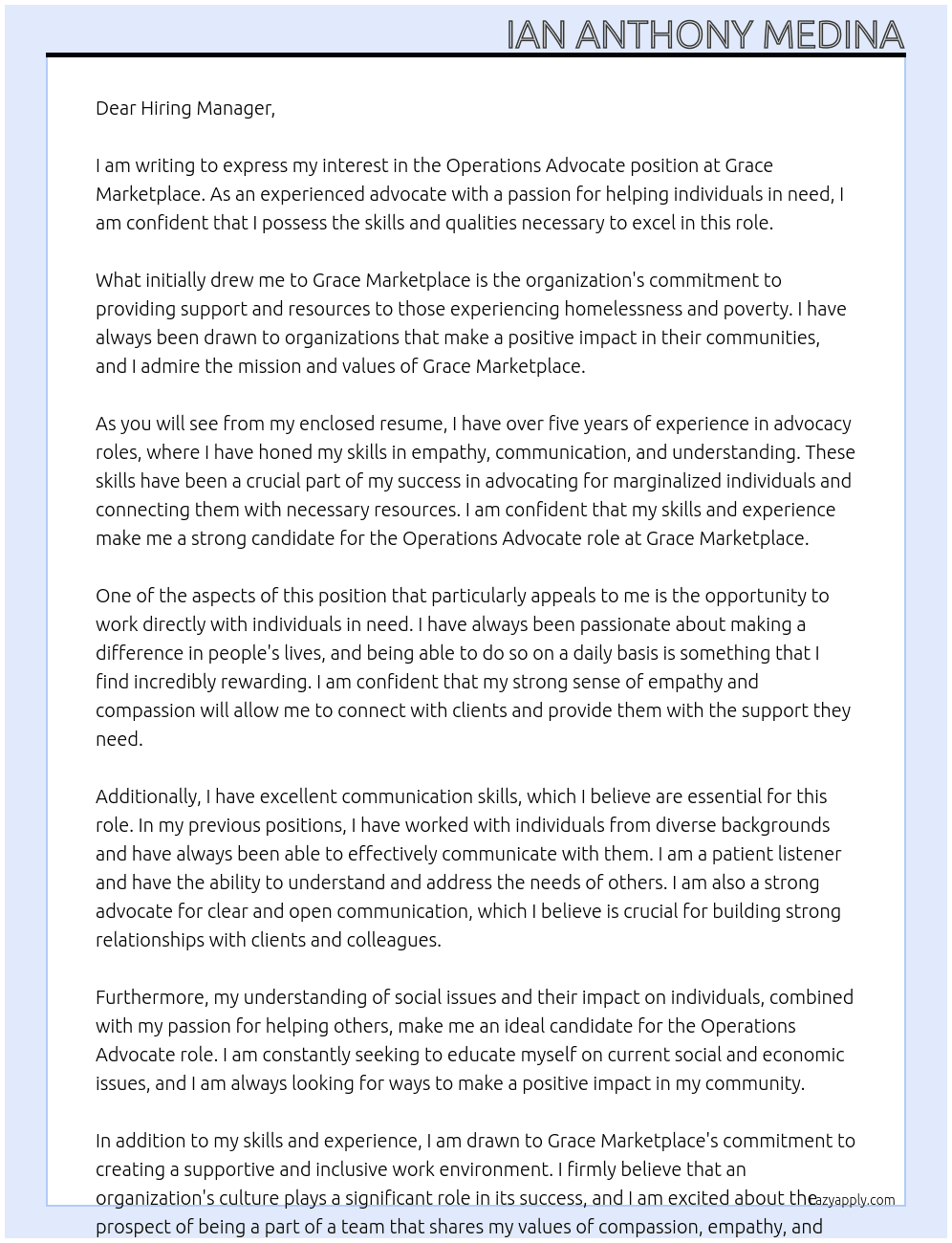 Operations Advocate At Grace Marketplace Cover Letter