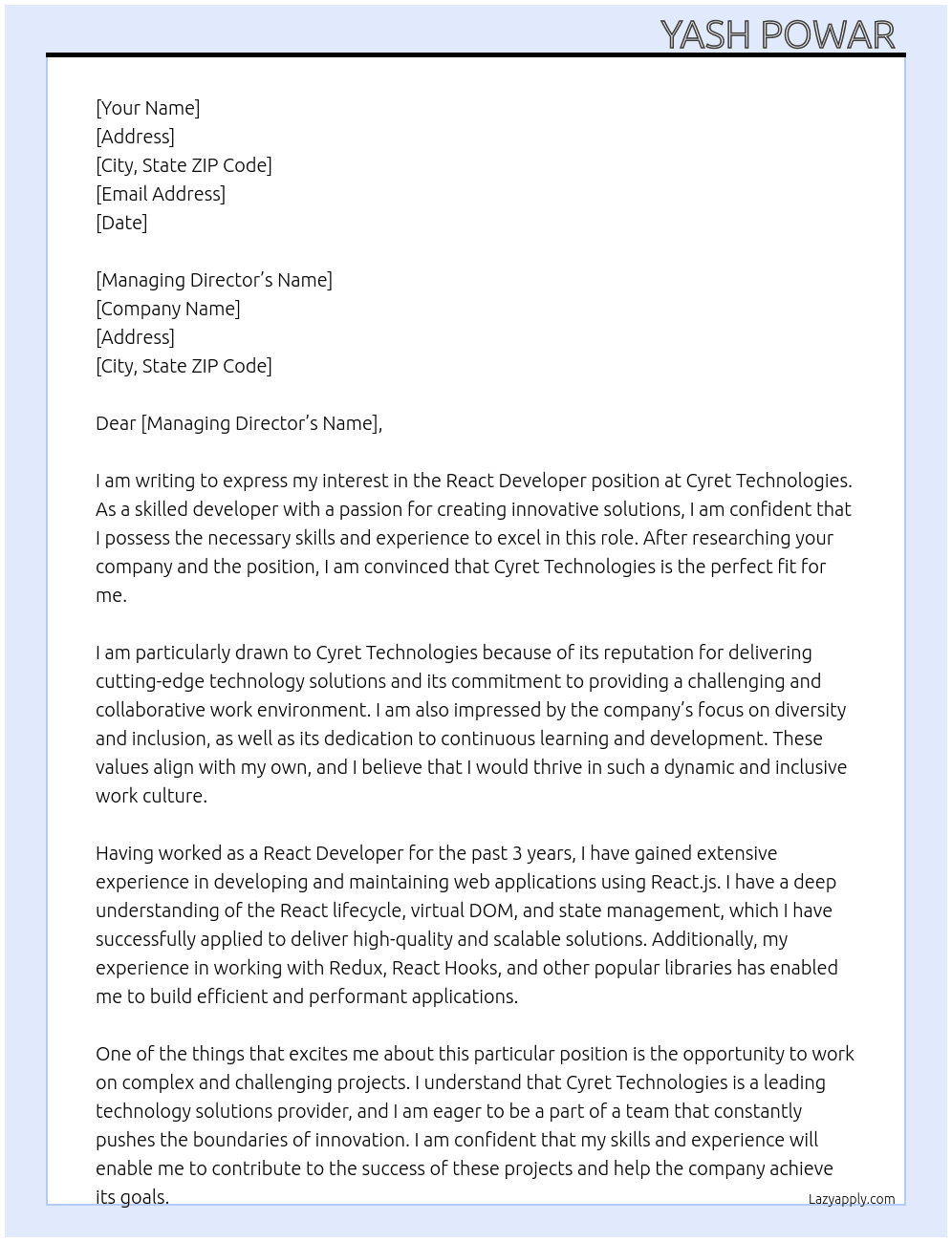 React developer  At Cyret Technologies  Cover Letter