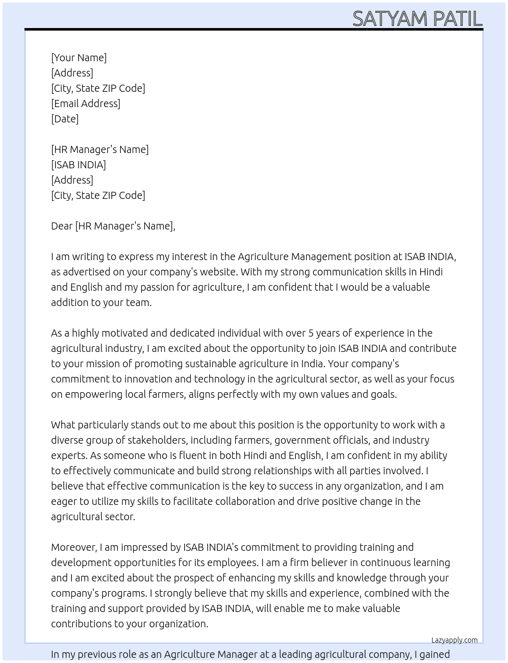 Agriculture Management  At ISAB INDIA Cover Letter