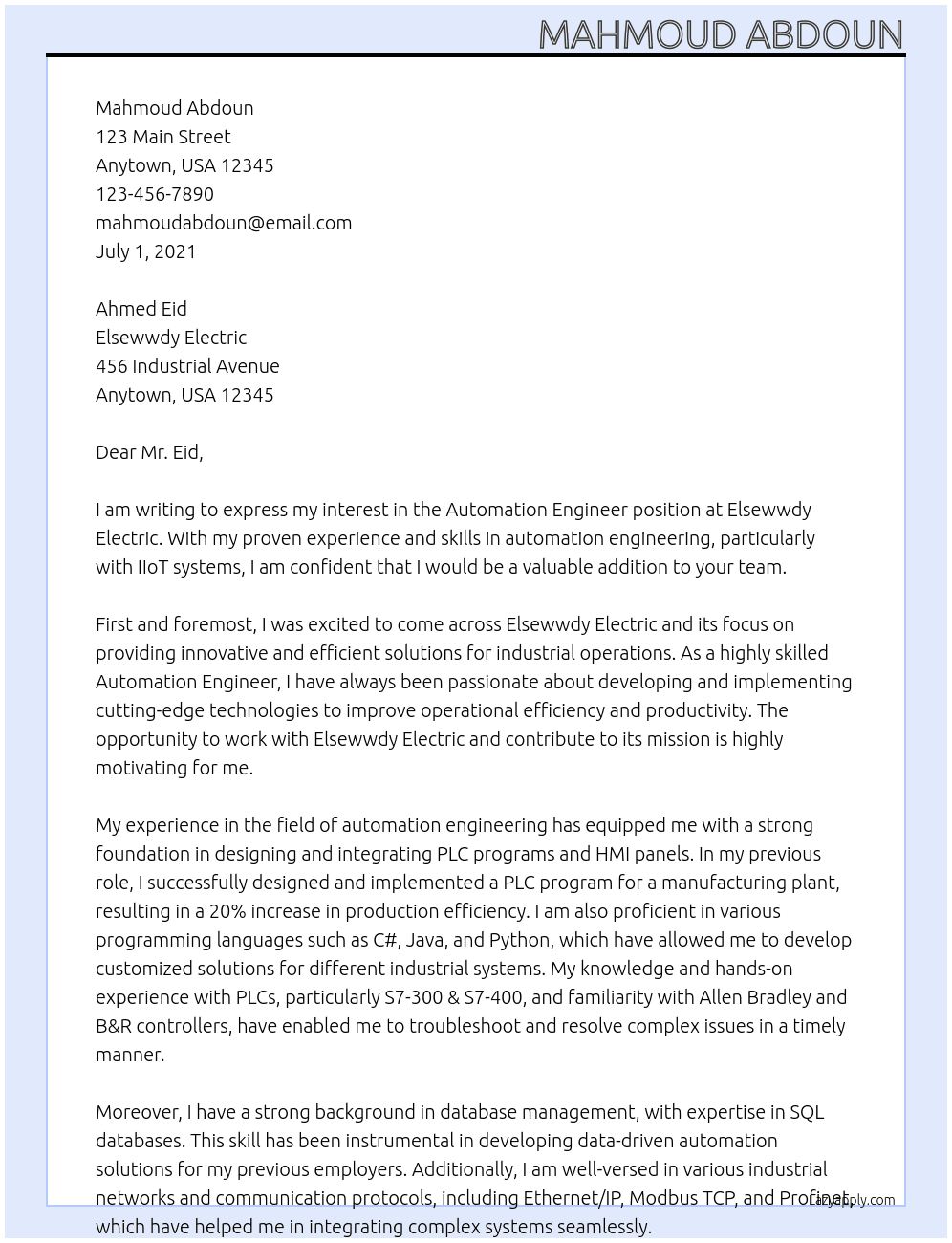 Automation Engineer  At elsewwdy electric Cover Letter