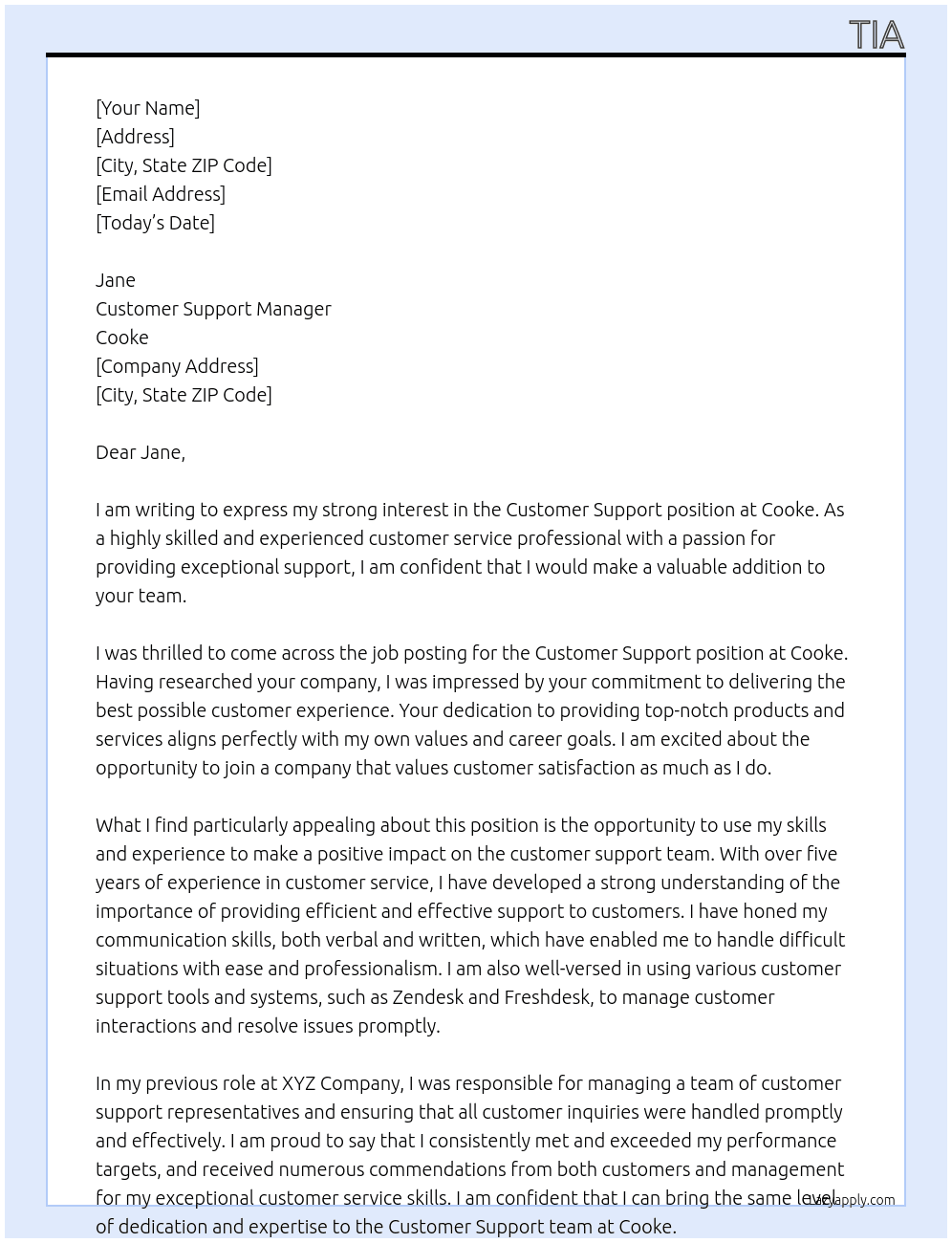 Customer Support At Cooke Cover Letter