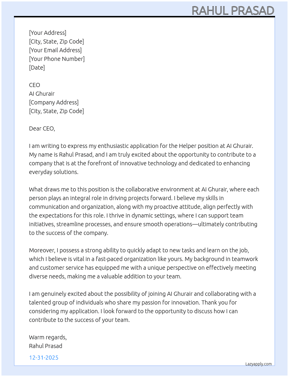 Helper At AI Ghurair Cover Letter