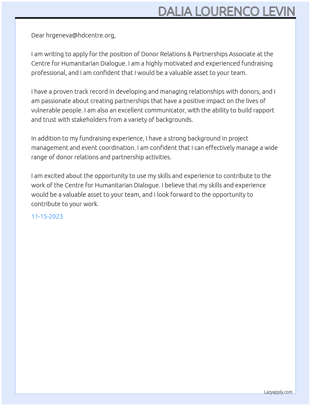Donor Relations & Partnerships Associate At Centre for Humanitarian Dialogue Cover Letter