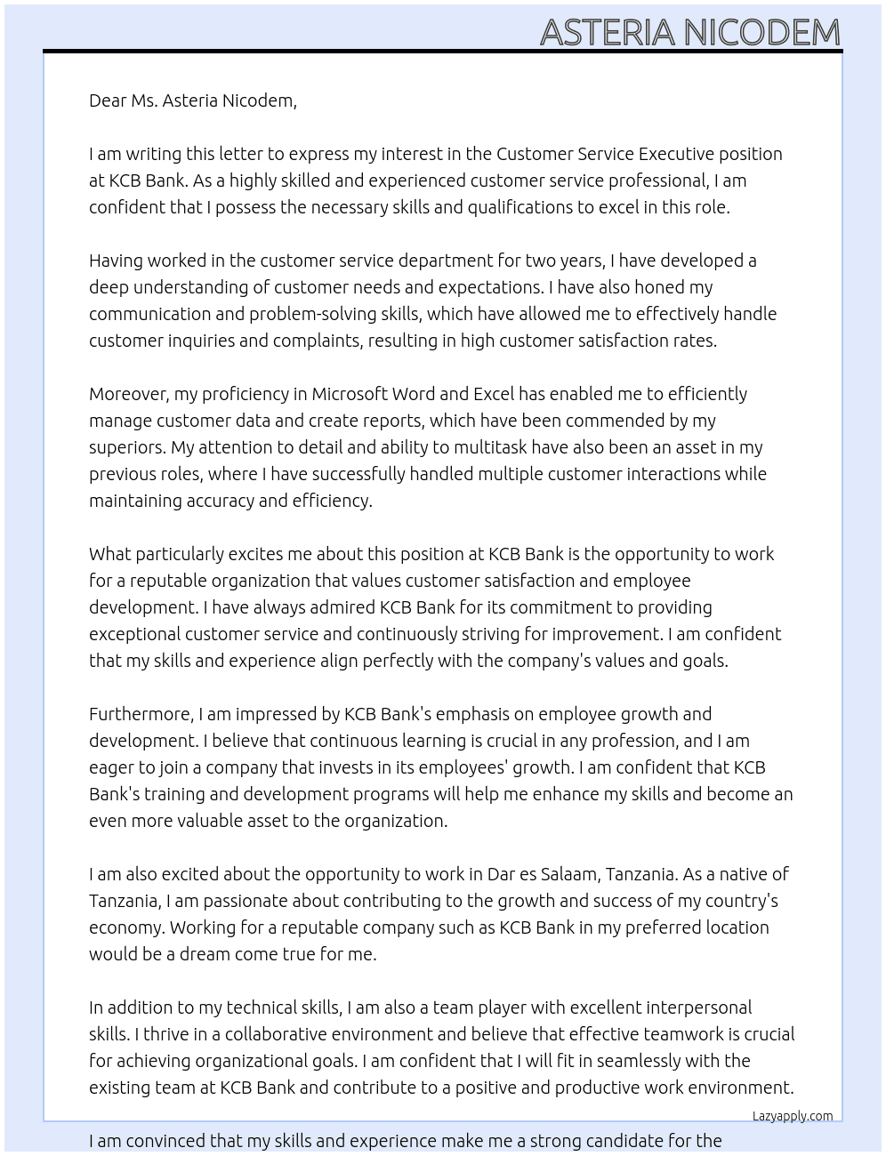 Customer service executive  At KCB bank Cover Letter