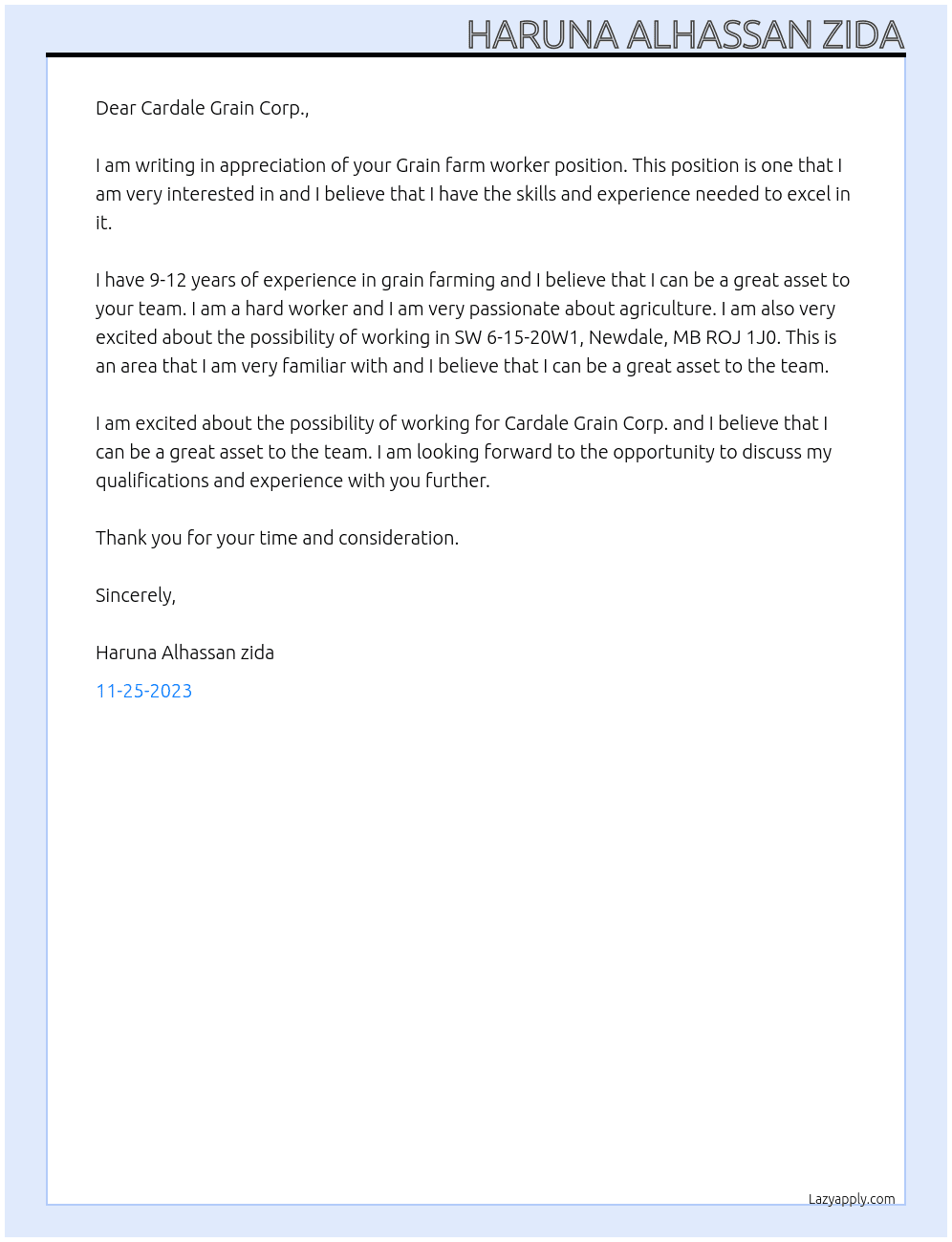 Cover letter for grain farm worker - LazyApply