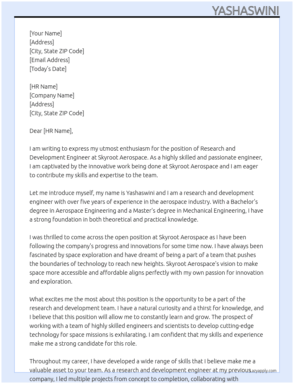 research and development engineer At skyroot aerospace Cover Letter