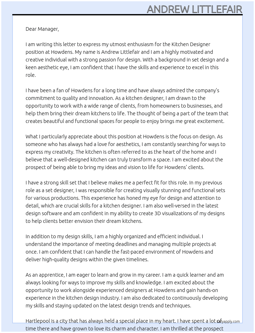 kitchen designer At Howdens Cover Letter