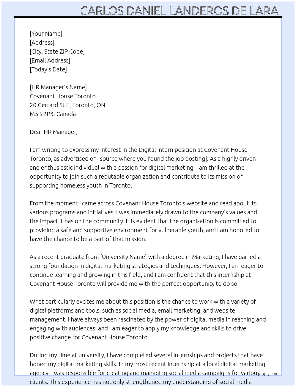 Digitial intern  At Covenant House Toronto Cover Letter
