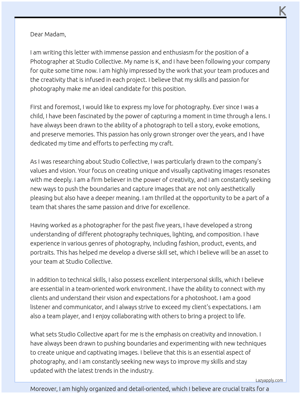 Photographer At Studio Collective Cover Letter