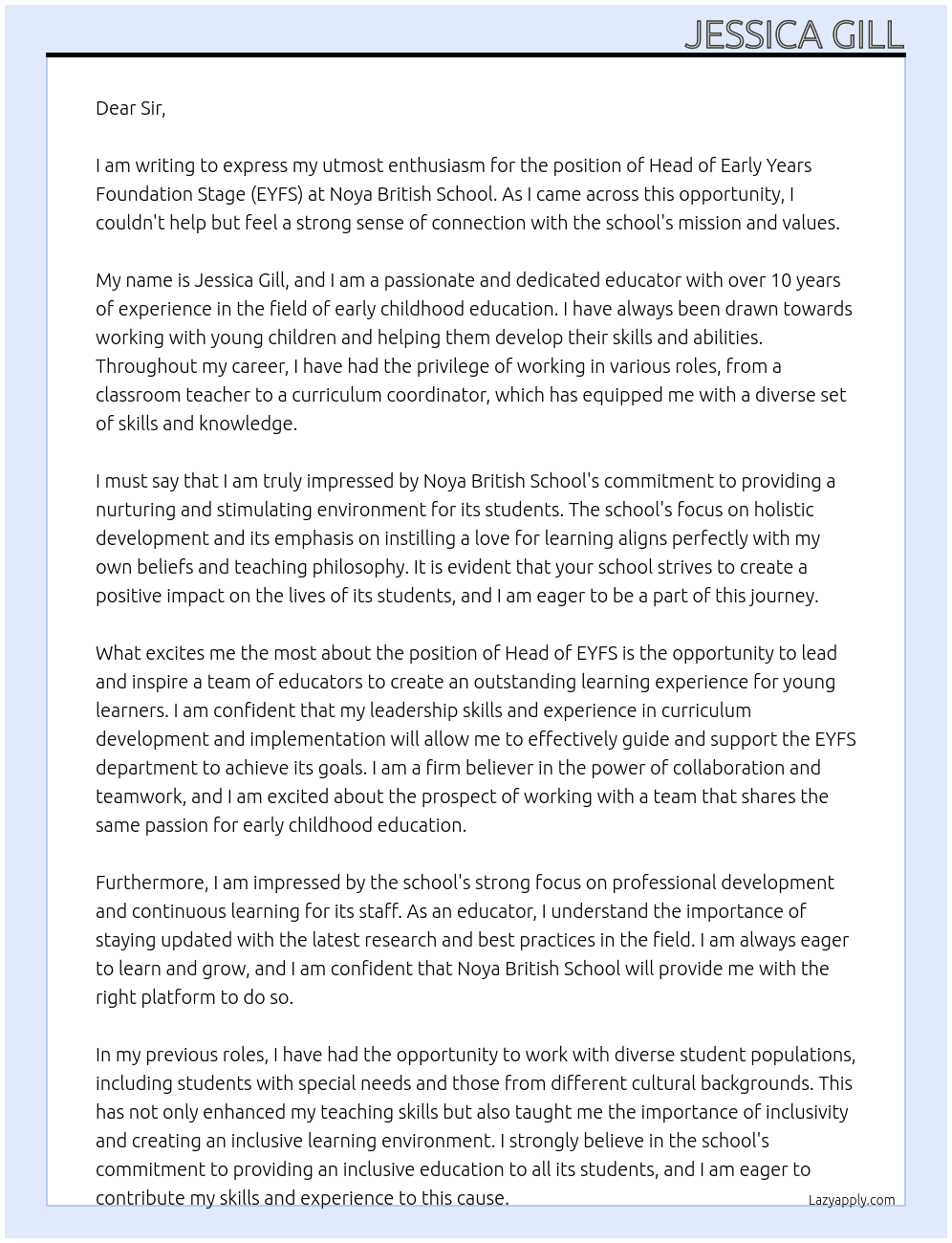 Head of EYFS At Noya British School Cover Letter