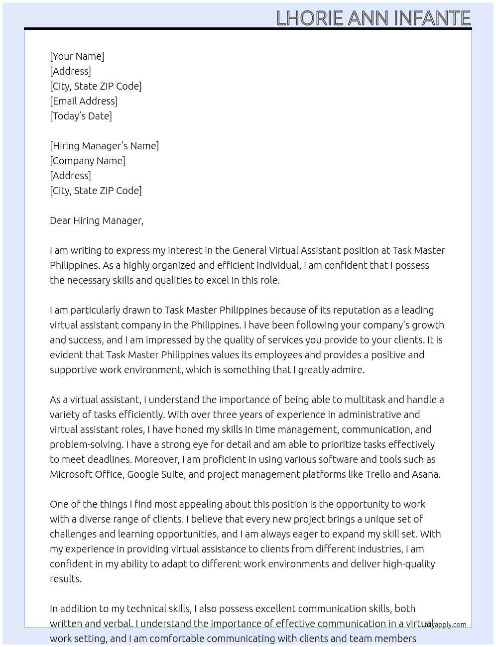 General Virtual Assitant At Task Master Philippines Cover Letter