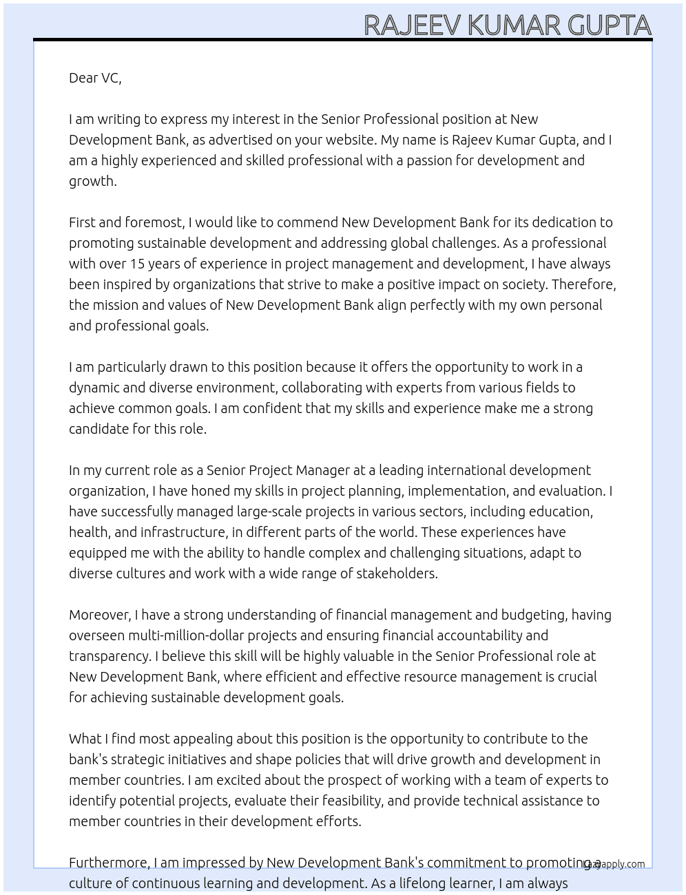 SENIOR PROFESSIONAL At new development bank Cover Letter