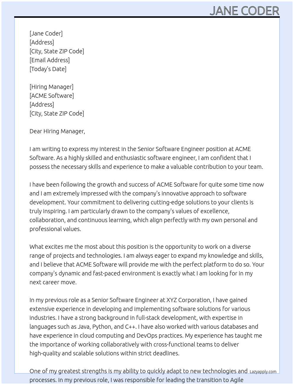 Senior Software Engineer At ACME Software Cover Letter
